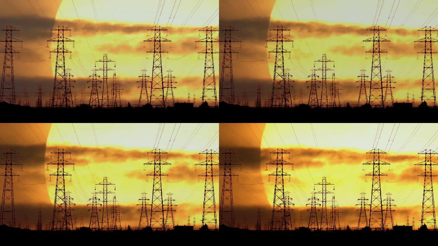 电力电网铁塔剪影太阳上升