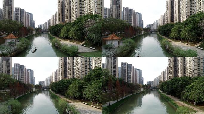 城市房地产水泥森林中的河道绿带