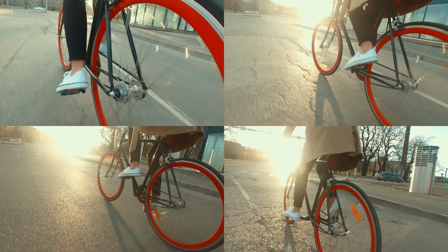 骑自行车特写镜头光影逆光