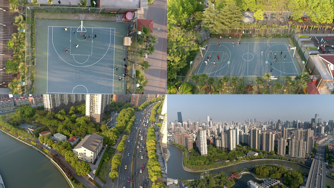 上海苏州河畔公园篮球场绿化带高档小区设施