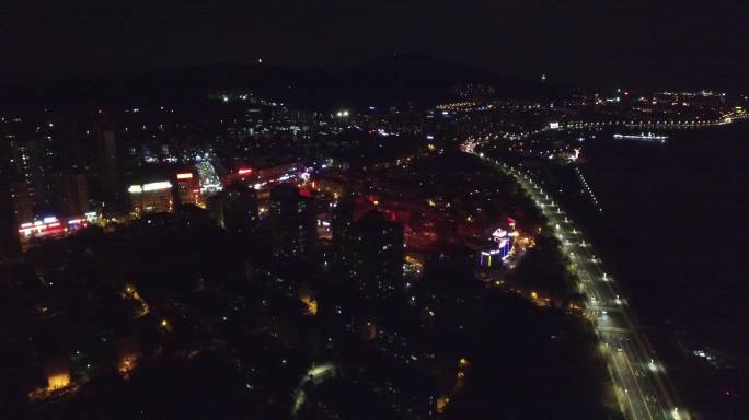 滨海路夜景航拍，城市夜景航拍，莱山区夜景