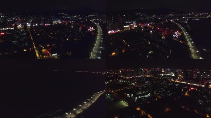 滨海路夜景航拍，城市夜景航拍，莱山区夜景