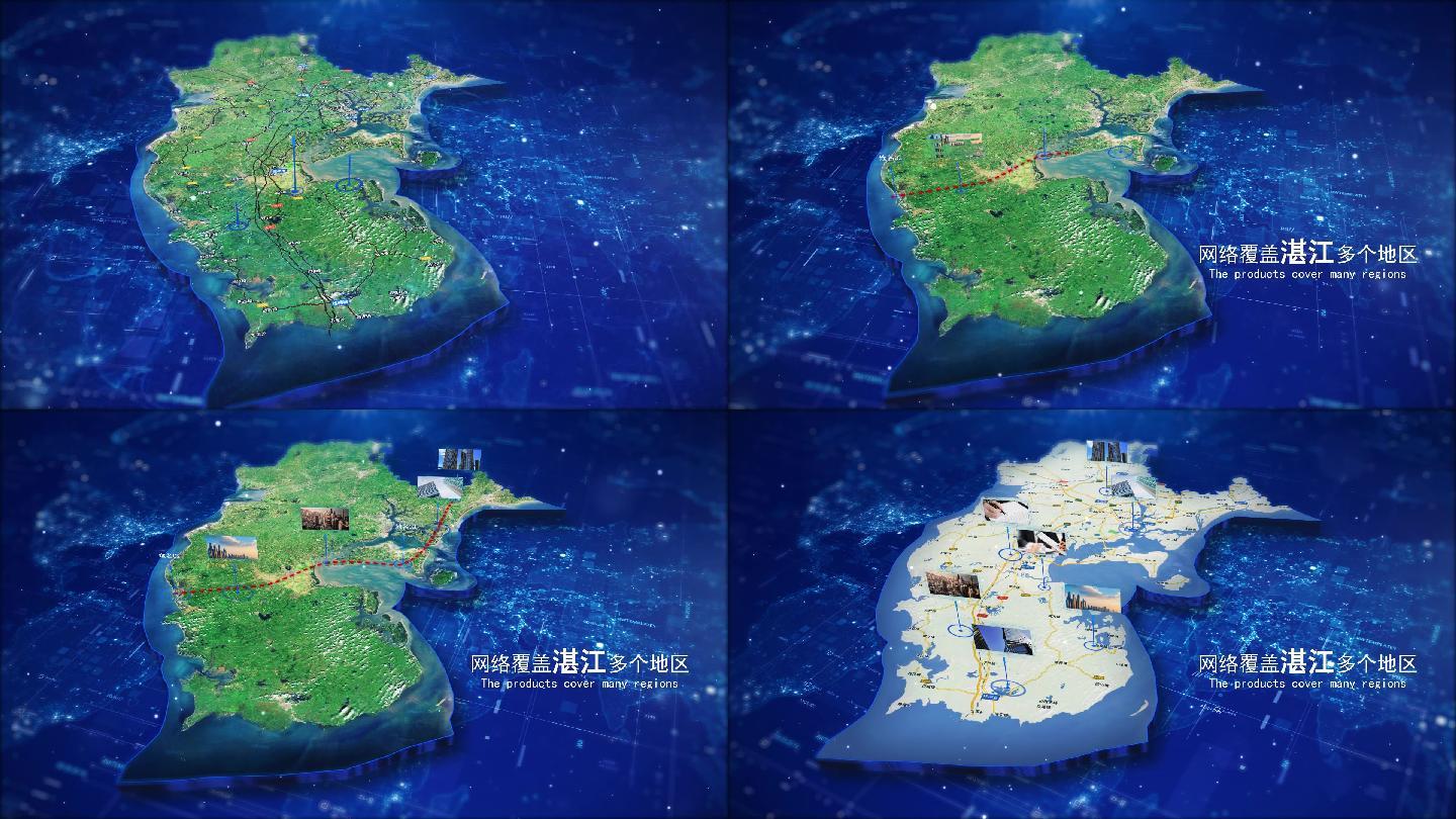 【湛江地图】科技风蓝色连线地图坐标图文