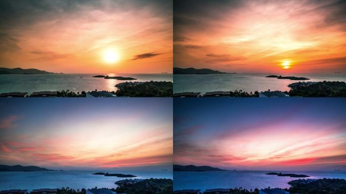 海上日落的鸟瞰图。苏梅岛时间推移视频