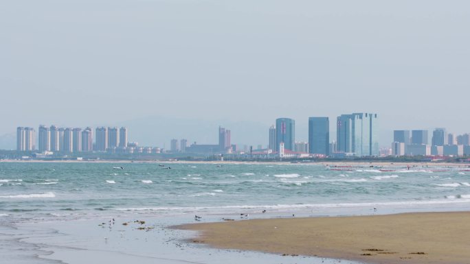 4k海边滨海城市海岸海浪空境 烟台