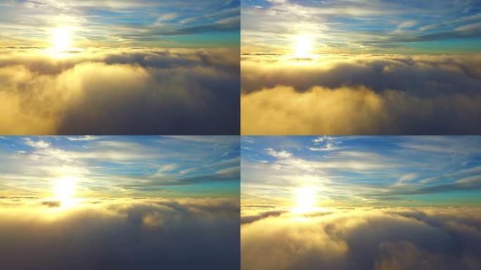 飞过云端云上日出高视角云海日出逆光背光风