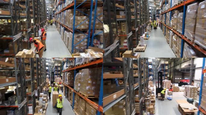 仓库内部，搬运大木箱的工人