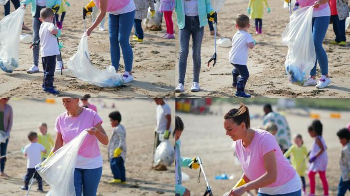 清理海滩垃圾爱护环境保护地球志愿者世界环