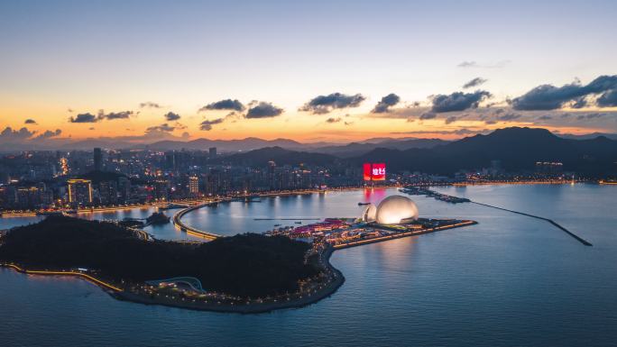 航拍广东珠海日月贝日落夜景4K延时