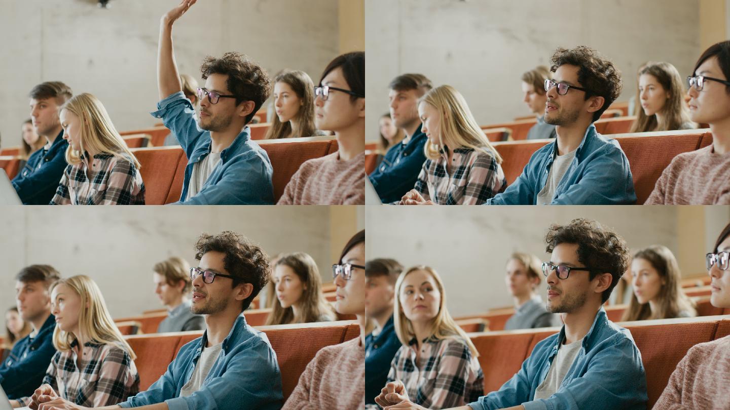 一名学生在大学听讲座时举手向讲师提问