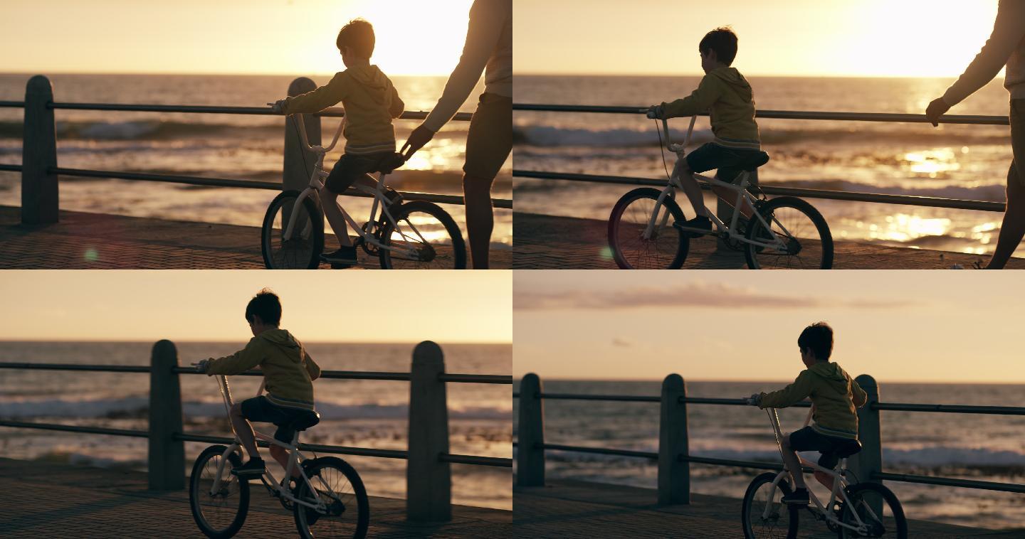 一个父亲教孩子骑自行车
