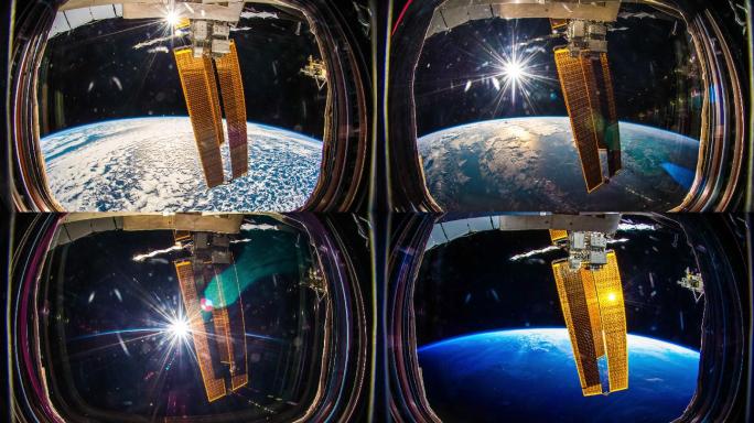 从太空看地球。太阳能电池板空间站空间探索