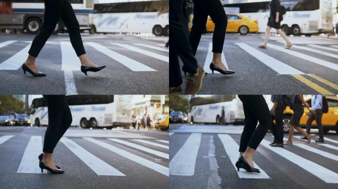 穿着高跟鞋穿过马路的年轻女商人的特写镜头