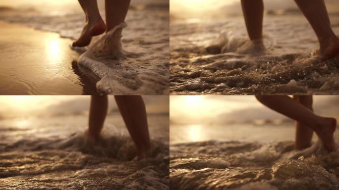 日落海滩行走水平夏天脚印