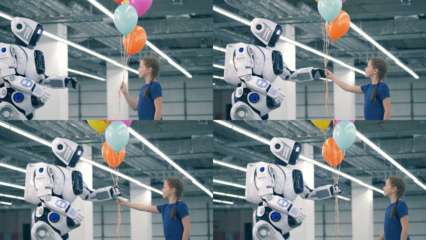 小女孩给一个机器人送气球