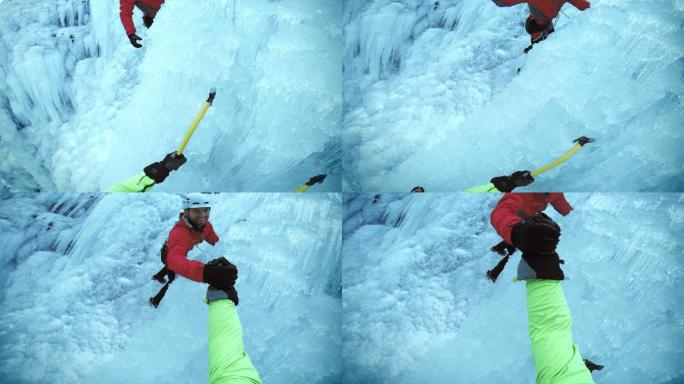 登山者攀冰握手爬山雪山南极北极探险极限