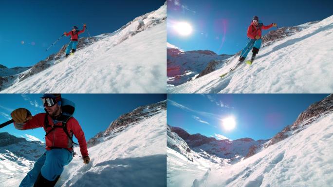 滑雪者滑雪下山探险冰川雪峰