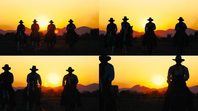 野外骑马的牛仔夕阳晚霞美国西部片电影