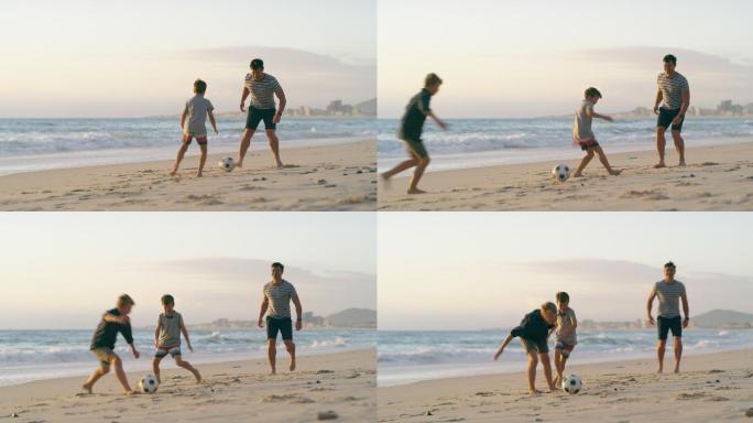 海滩上踢球享受儿子乐趣