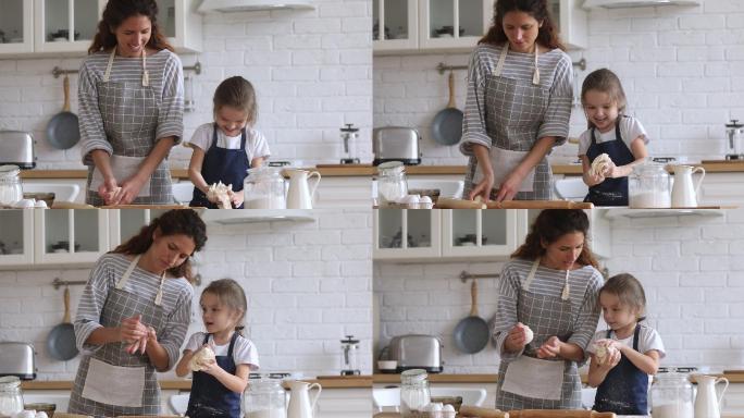 快乐妈妈教小女儿一起在厨房揉面团