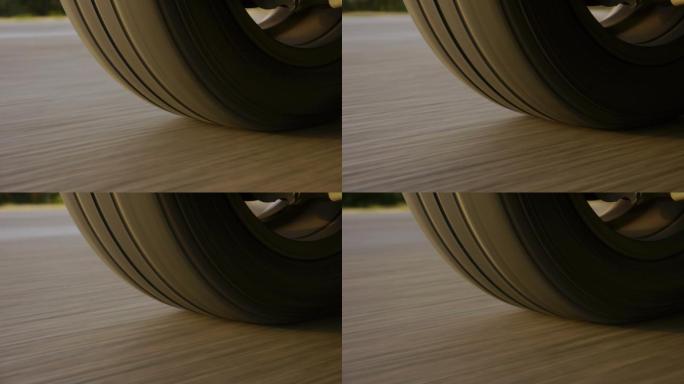 汽车轮胎行驶视角的特写。