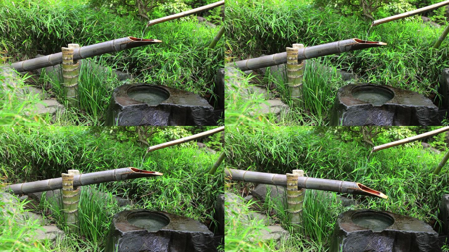 传统日本竹喷泉园林景观水流园艺