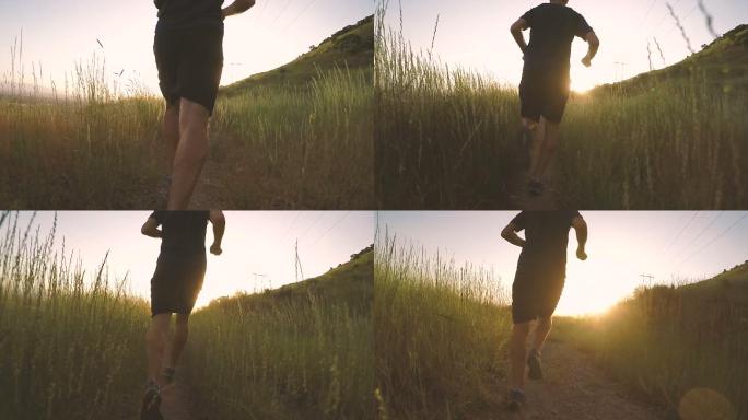 山路上奔跑的男人慢跑跑步积极的生活方式