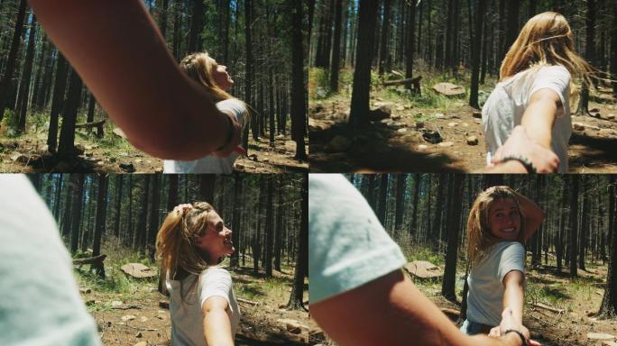 穿过森林的夫妇情侣牵手
