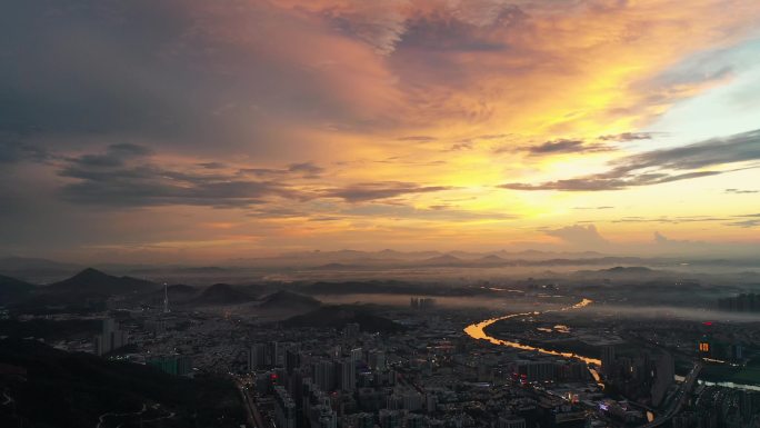 航拍广东中山南区日落晚霞