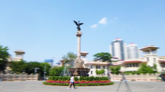 天津意式风情街中央广场雕塑大范围延时摄影
