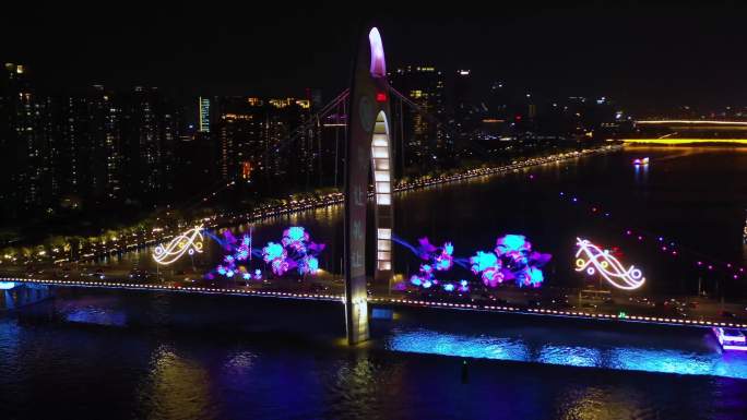 广州猎德大桥花纹城市夜景航拍