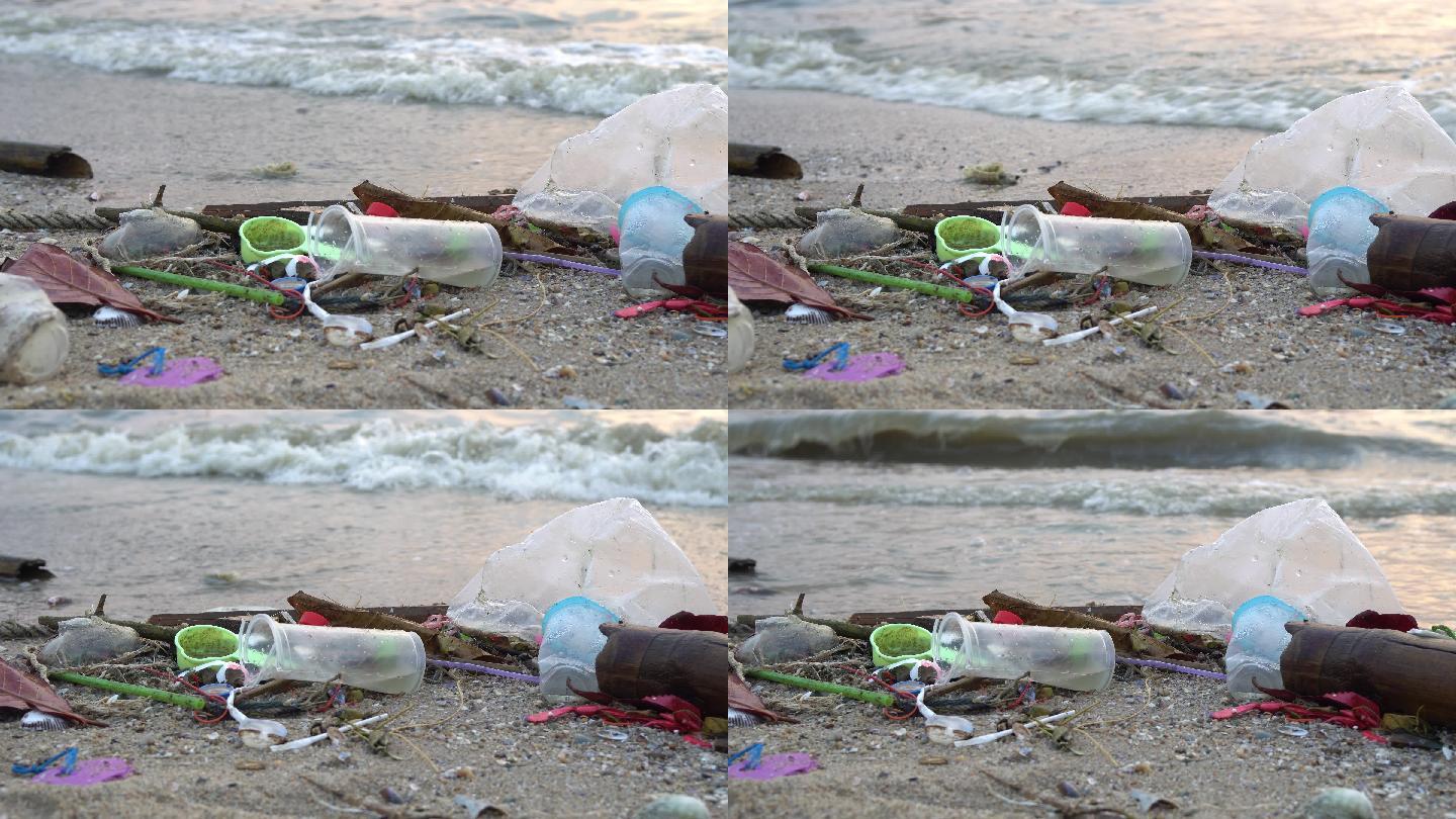 海滩垃圾污染袋子海洋垃圾堆