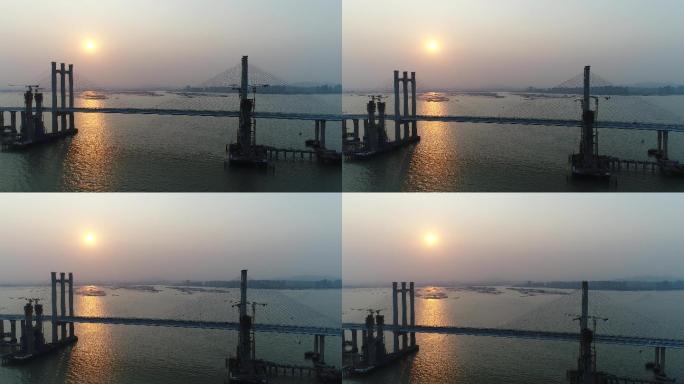 夕阳下环泉州湾跨海大桥航拍