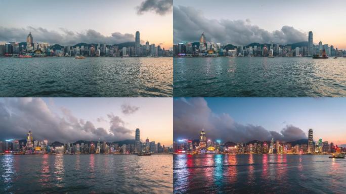 中国香港维多利亚港城市夜景延时摄影