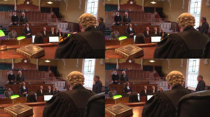 在法院里法官和律师一起审理案件