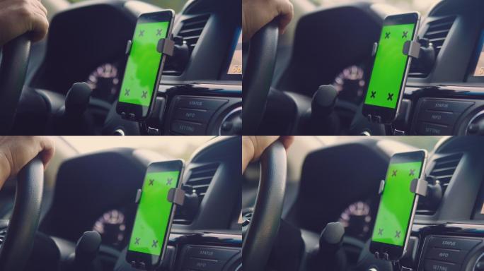 在车内使用智能手机的特写镜头