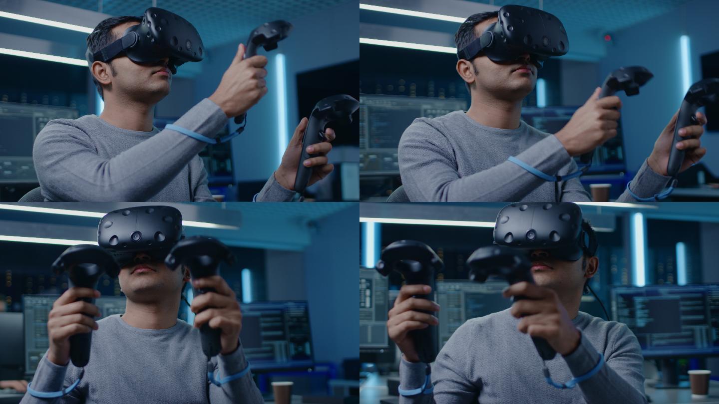 开发者戴着虚拟现实眼镜并使用控制器