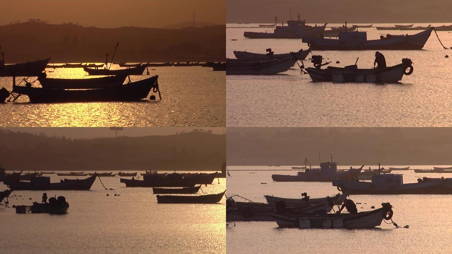 晨曦夕阳中下的小船大海湾劳作的渔民小舢板