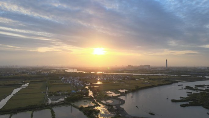 江南水乡昆山吴淞江夕阳原素材（未调色）