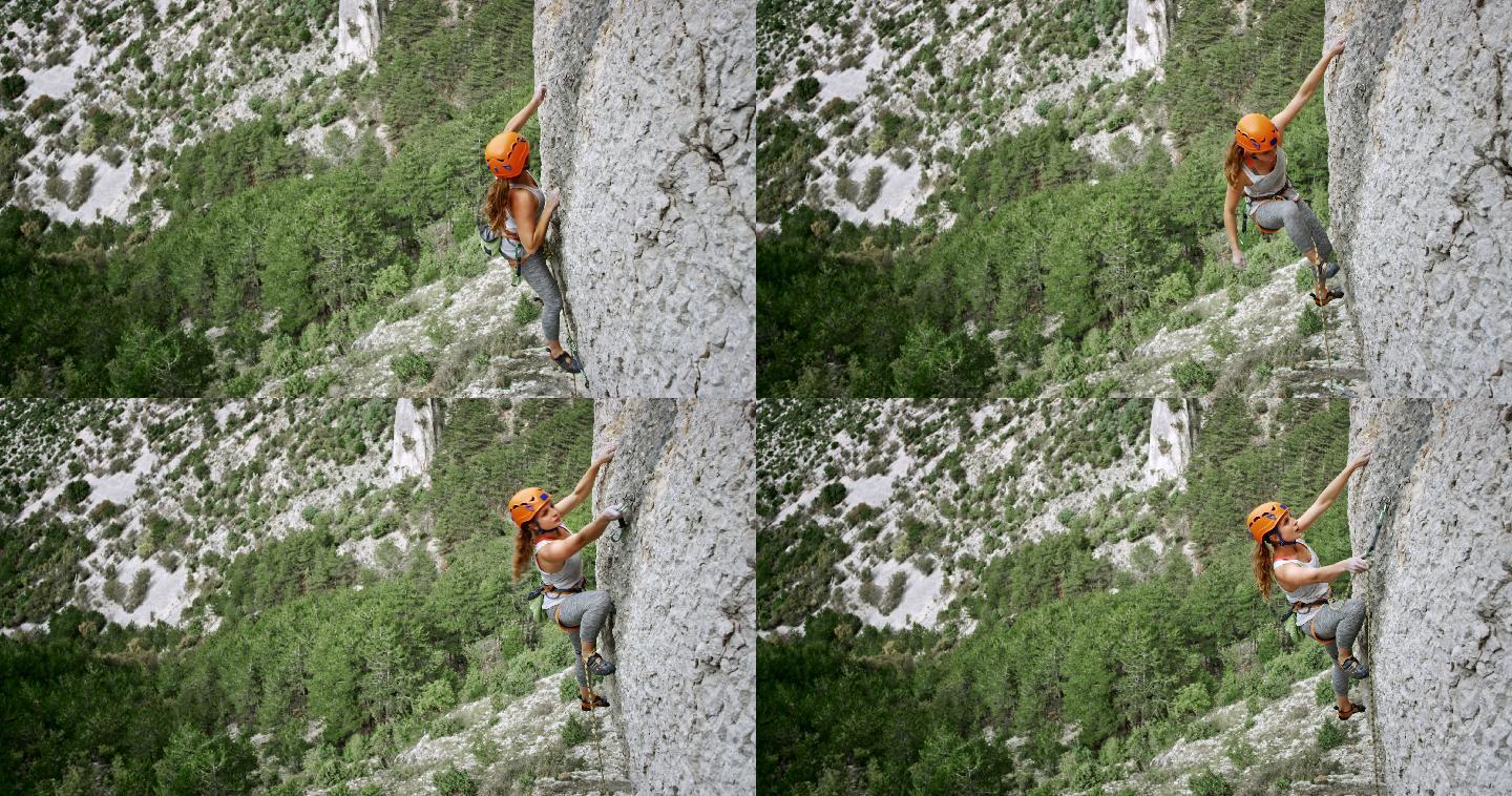 女攀岩者定位快速牵引和夹绳