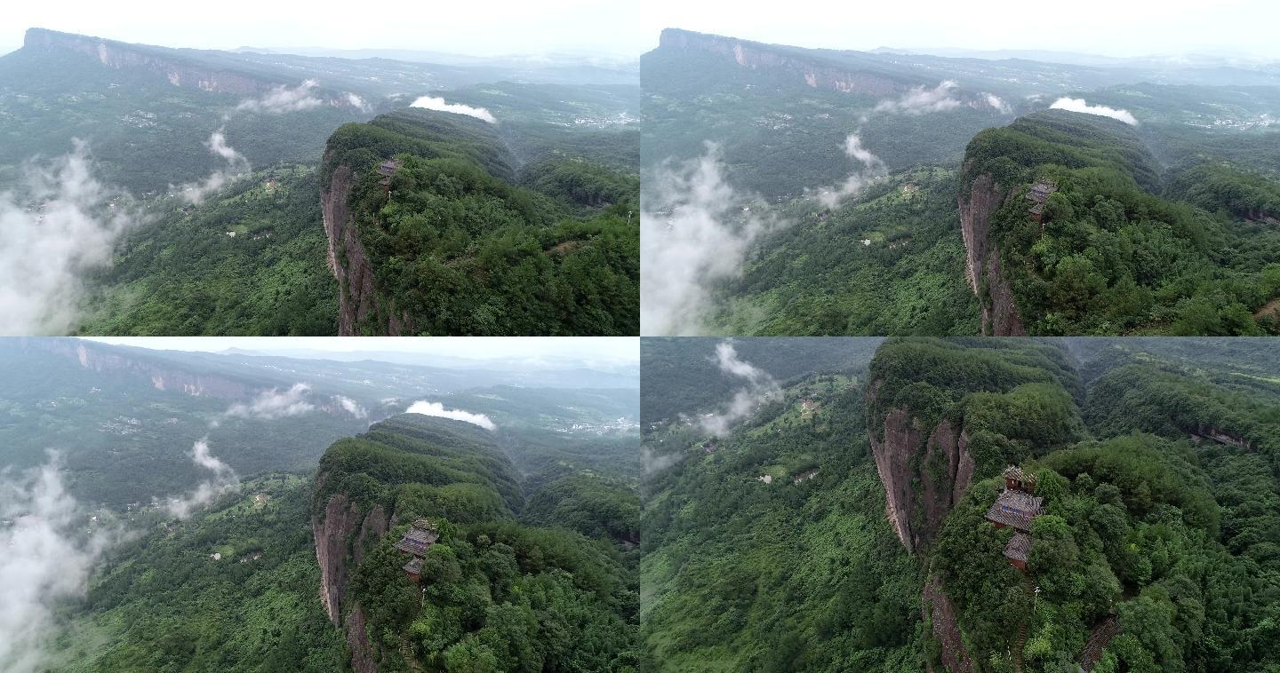 4K鸟瞰悬崖上的古刹寺庙广元仙峰观