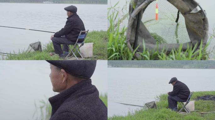 老人湖边钓鱼