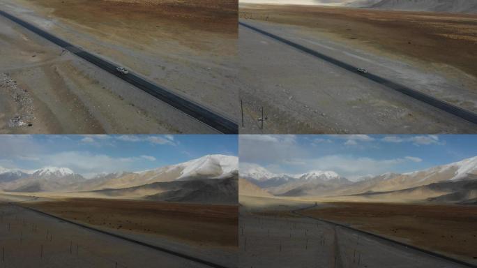 新疆慕士塔格草原镜头跟随皮卡车