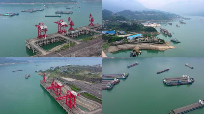 航拍长江三峡港口码头货轮