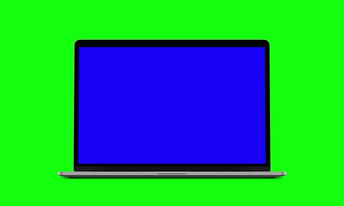 笔记本电脑在绿色背景上以蓝色屏幕打开。