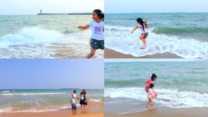 【4K】小姑娘在海边玩水游客游玩