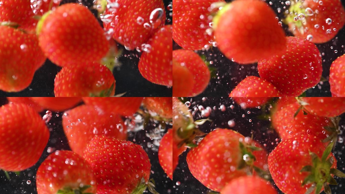 4K水中草莓上升气泡水花