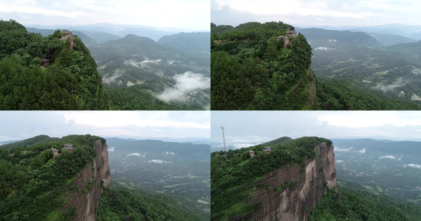 4K鸟瞰悬崖上的古刹寺庙广元仙峰观