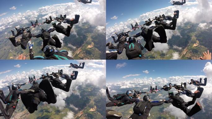 一群人在跳伞航拍滑翔伞运动户外极限运动