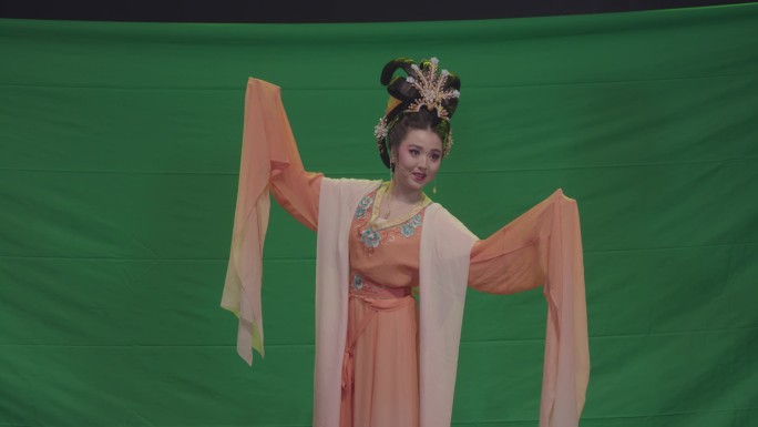 中国风古装美女模特黄梅戏绿布抠像